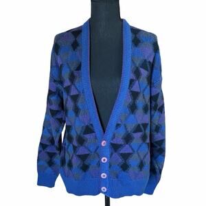 Vintage Explosive Saturdays Styling Cardigan Sweater M Blue Purple Geometric 90s